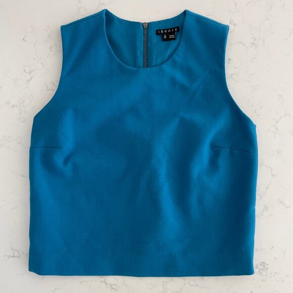 Theory Yuranda F Slvless Round Neck Lined Wool Crop Top Turquoise Blue Sz OP - Picture 8 of 8